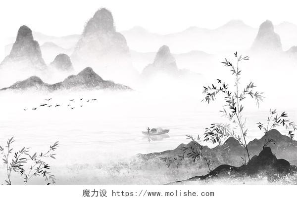 水墨山水背景手绘黑白风景插画写意国风竹子植物古风